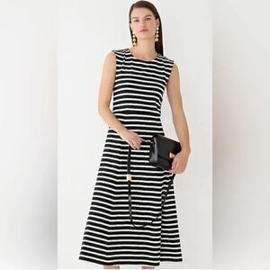 EUC Women's J.Crew Fit & Flare Cap Sleeve Black White Stripe Midi Dress Size XS